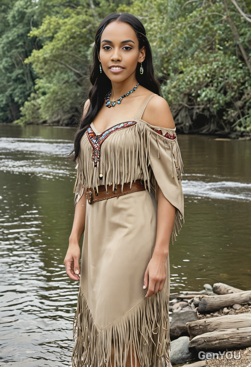 As Pocahontas, wearing a traditional beige dress with fringe, standing by a river