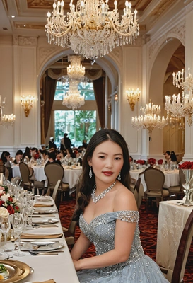 wearing an elegant gown, sitting at a long banquet table at a luxurious gala, surrounded by crystal chandeliers and fine dining settings