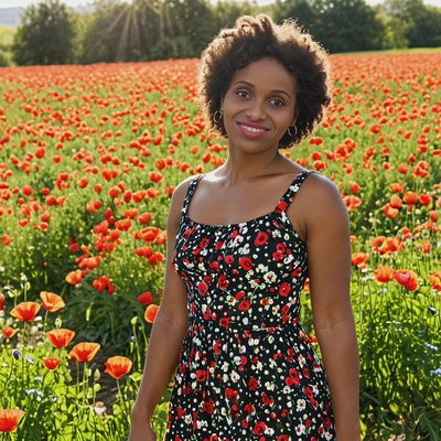 wearing a simple floral sundress, standing in a field of poppies, with the warm spring sun shining down