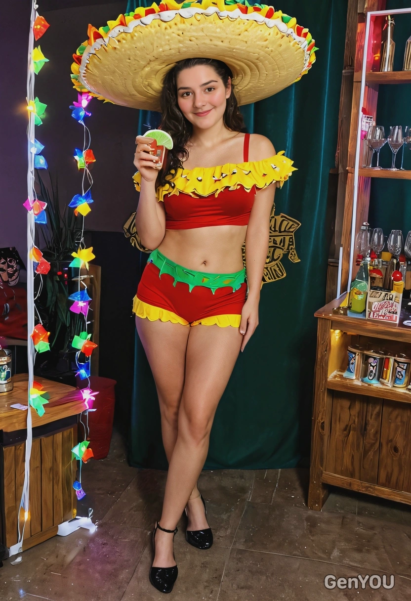 in a taco costume, full body image, at funky party room with twinkling lights and drinks