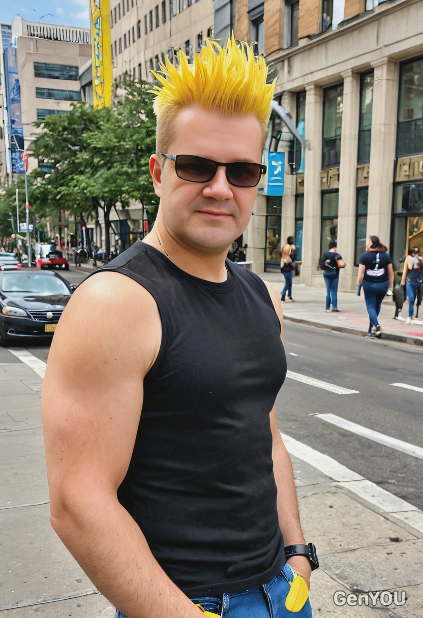 as Johnny Bravo, muscular, black t-shirt, blue jeans, yellow pompadour haircut, in the city