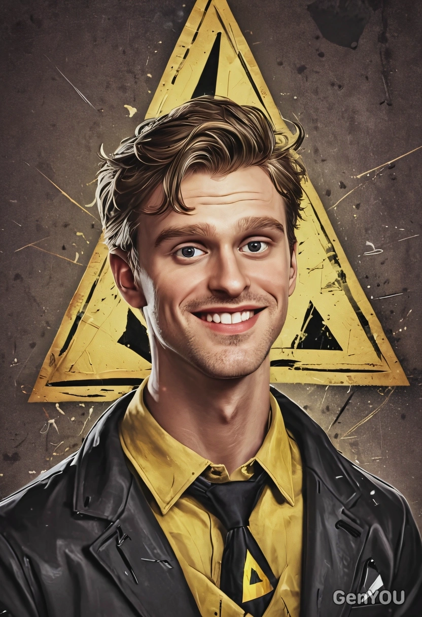 as human Bill Cipher, smiling crazily, winking, triangle signs around, high-quality stylized art, visible brushstrokes