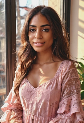 iPhone camera quality, sharp skin texture details, realistic textured face skin, pink plumpy  lipsgloss, wearing oversized 2. sheer boho layered dress with flared sleeves, romantic pose, blurry coffeeshop background, morning sun rays from the window