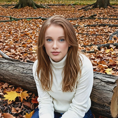 sitting on a fallen log, surrounded by autumn leaves
