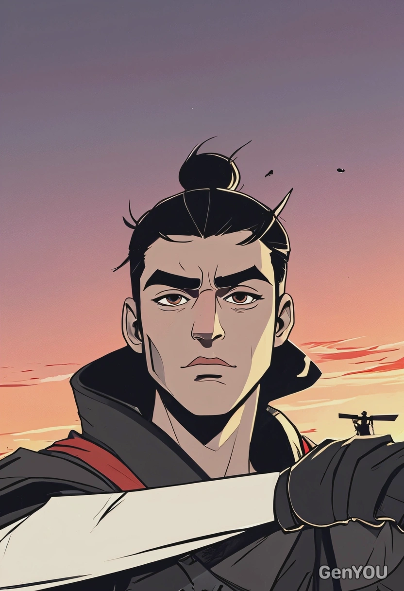 Hand-drawn flat cartoon style, Samurai Jack from Samurai Jack, cartoon eyes, sharp minimalist lines, dramatic sunset lighting, waist-up portrait, futuristic wasteland