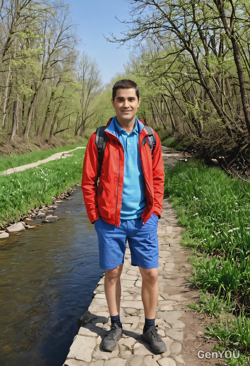 As a tourist standing along a river path in the spring, look at the camera, full body view 