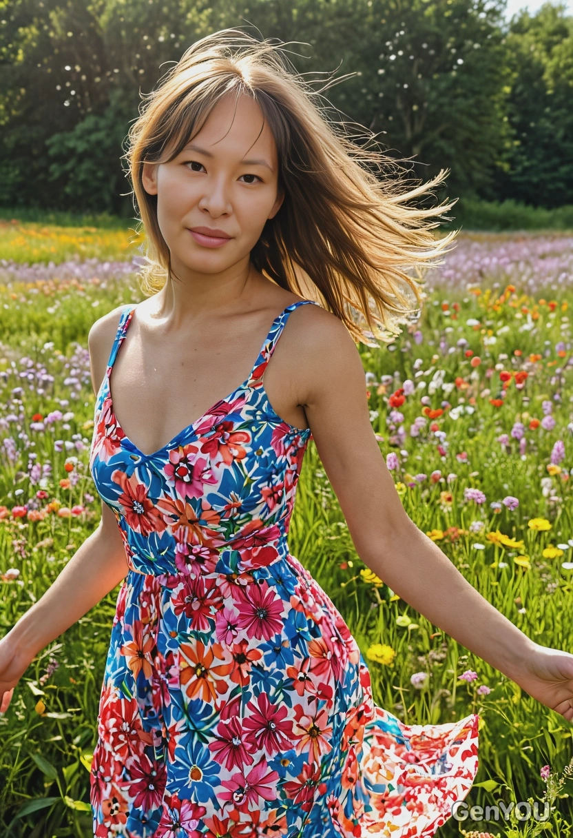 in a vibrant sundress twirling  joyfully in a field of wildflowers, her hair catching the sunlight