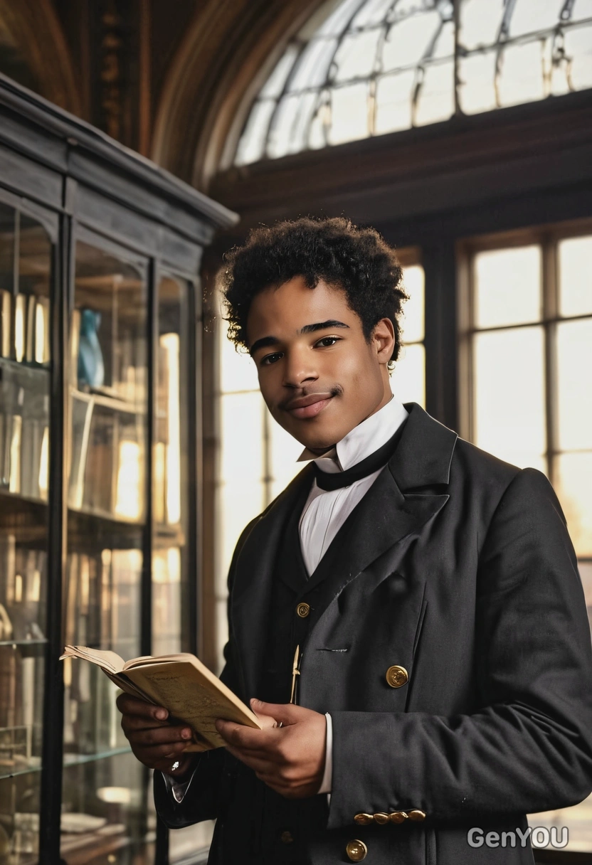 Victorian Era, Victorian Gentleman, wearing sophisticated dark frock coat with subtle brass button, field journal tucked in pocket, blurry Natural history museum with glass specimen cases on the background, sunset rays from the window