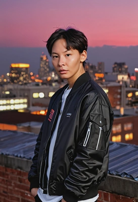 as Chanyeol from EXO, black bomber jacket, urban rooftop setting, sunset, blurred background, neon lights, symmetrical details