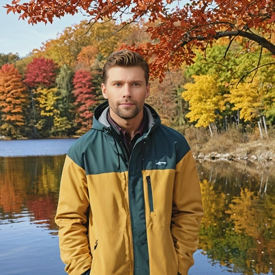 standing by a lake, colorful fall trees on the background