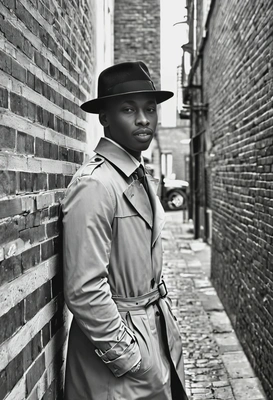 High-end headshot leaning against a brick wall in an alleyway