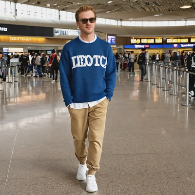 in a casual K-pop airport fashion look, wearing an oversized sweater, sunglasses, and sneakers, walking through a sleek, modern airport terminal