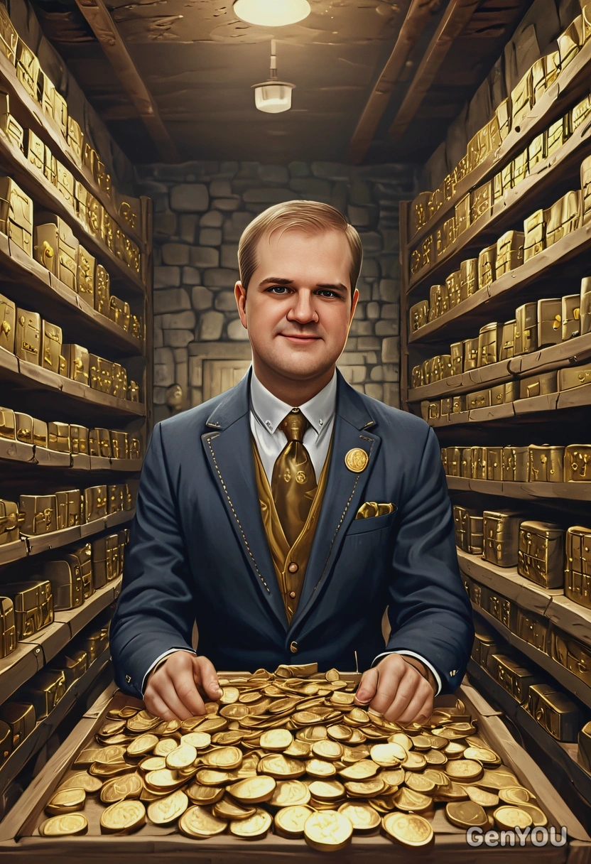 @me as a rich man, in a bank cellar, heaps of dollars and gold coins around, smiling, looking directly at the camera, symmetrical clothing details, cartoon style, high-quality stylized art