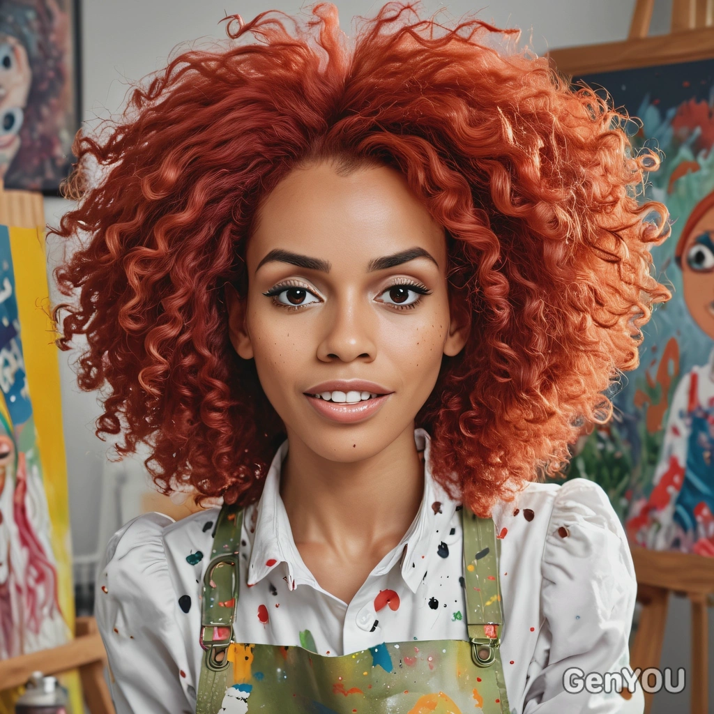 @me as a cartoonish artist, long puffy curly red afro hair, paint-splattered apron,  surrounded by paintings, cartoonish style, big eyes looking  into the camera, brushstrokes, high-quality art