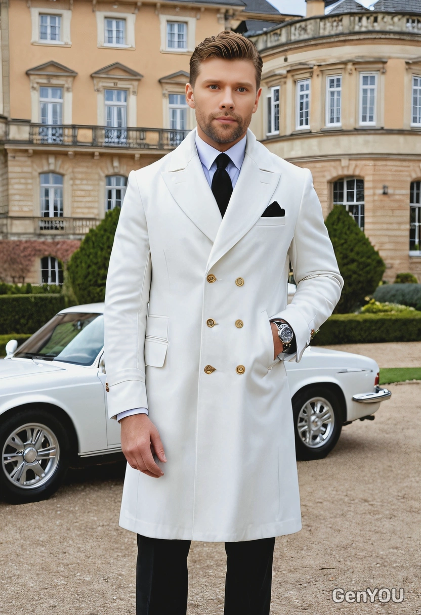 near a luxury car in front of a grand estate, wearing a tailored coat