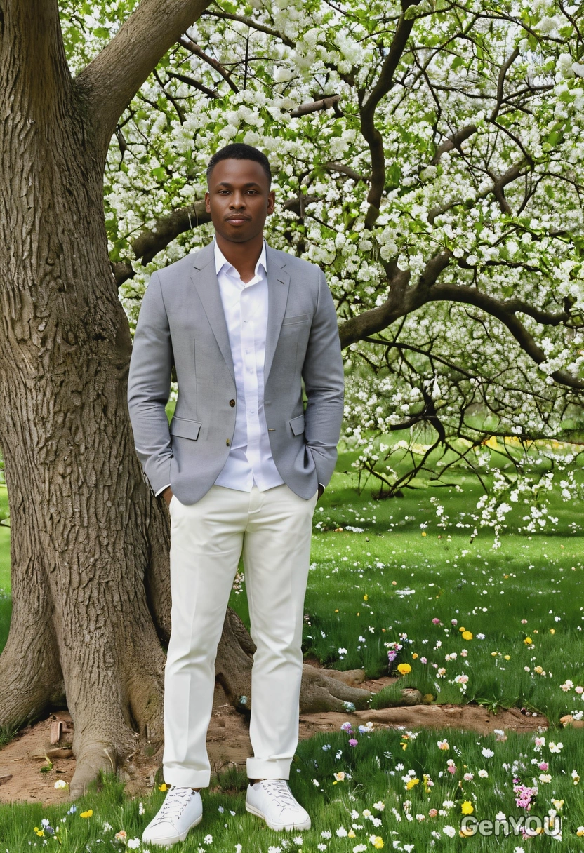 in a light grey blazer and white sneakers, standing beside from a large oak tree, surrounded by spring flowers