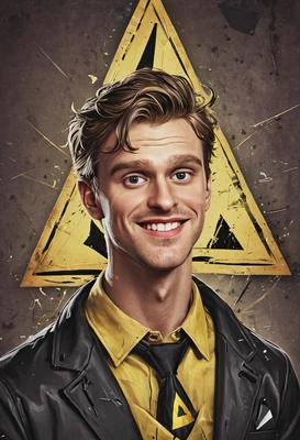 as human Bill Cipher, smiling crazily, winking, triangle signs around, high-quality stylized art, visible brushstrokes