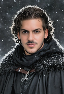 as Jon Snow in his Night’s Watch cloak, with curly hair, snow drifting around