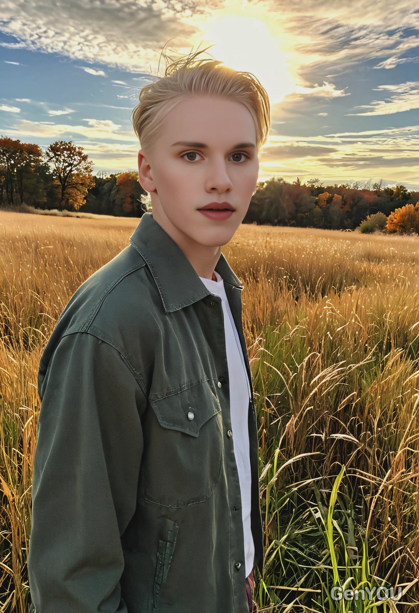 in an open field of tall grass, the autumn sky glowing with the late afternoon sun