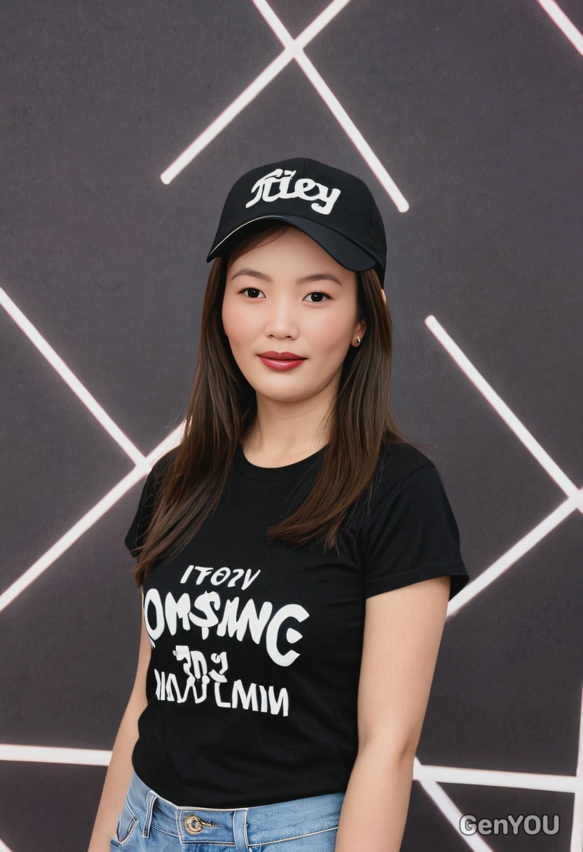 as an ITZY MIDZY fan, wearing an hat and t-shirt, posing by a fan meet stage with a glowing backdrop, mid shot photo