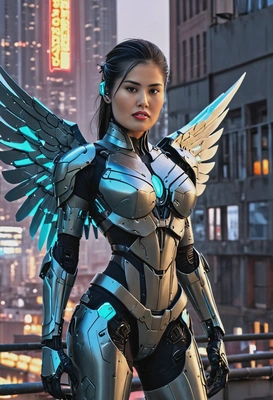 with cybernetic wings, standing on the rooftop of a building, full-body armor, no open skin, fully clothed, the glowing neon city behind, blurry background, cyberpunk setting
