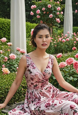 Elegant silk dress in rose garden, ideal for headshots for portfolio