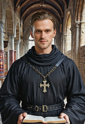 as a medieval Christian battle monk, in black robes, with Bible, in front of monastery, looking at camera, vivid colors, symmetrical clothing details, 3D video game style, high-quality stylized art
