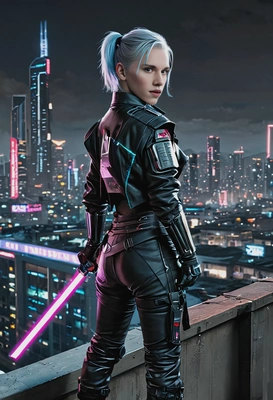 as V  from Cyberpunk 2077, dressed in sleek, high-tech combat jacket with a katana in hand, standing on a rooftop overlooking Night City with neon lights reflecting off cyberware
