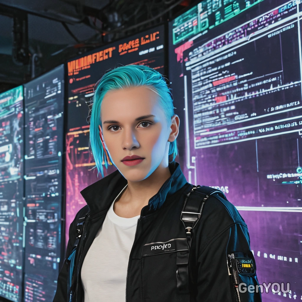 A cyberpunk hacker with a glowing datajack, standing in front of a massive digital screen
