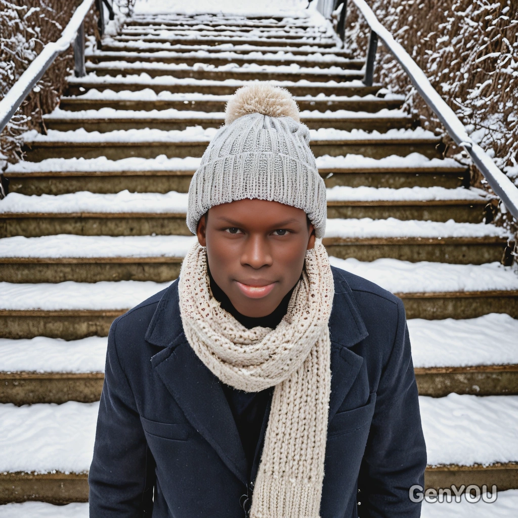 in a wool hat and scarf, walking down snow-covered steps