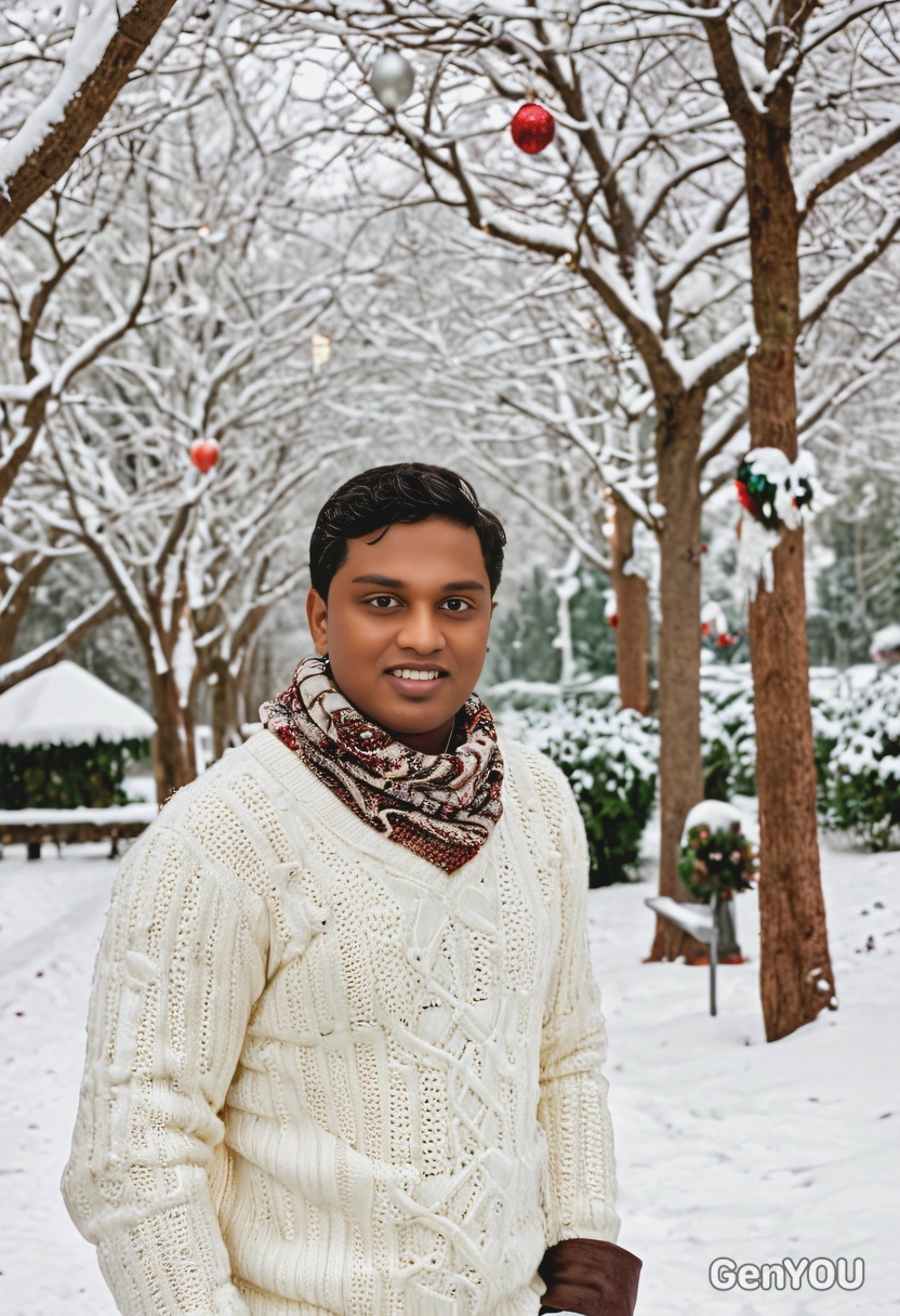 wearing a cozy white sweater and boots, standing in a snowy landscape in the foreground and holiday decorations in the trees