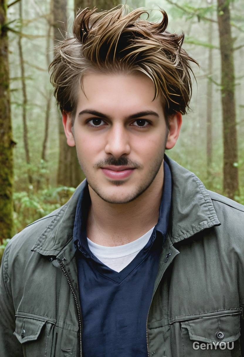 as Robert Pattinson's Edward Cullen in Twilight, with tousled bronze hair and pale features, in a misty Pacific Northwest forest 