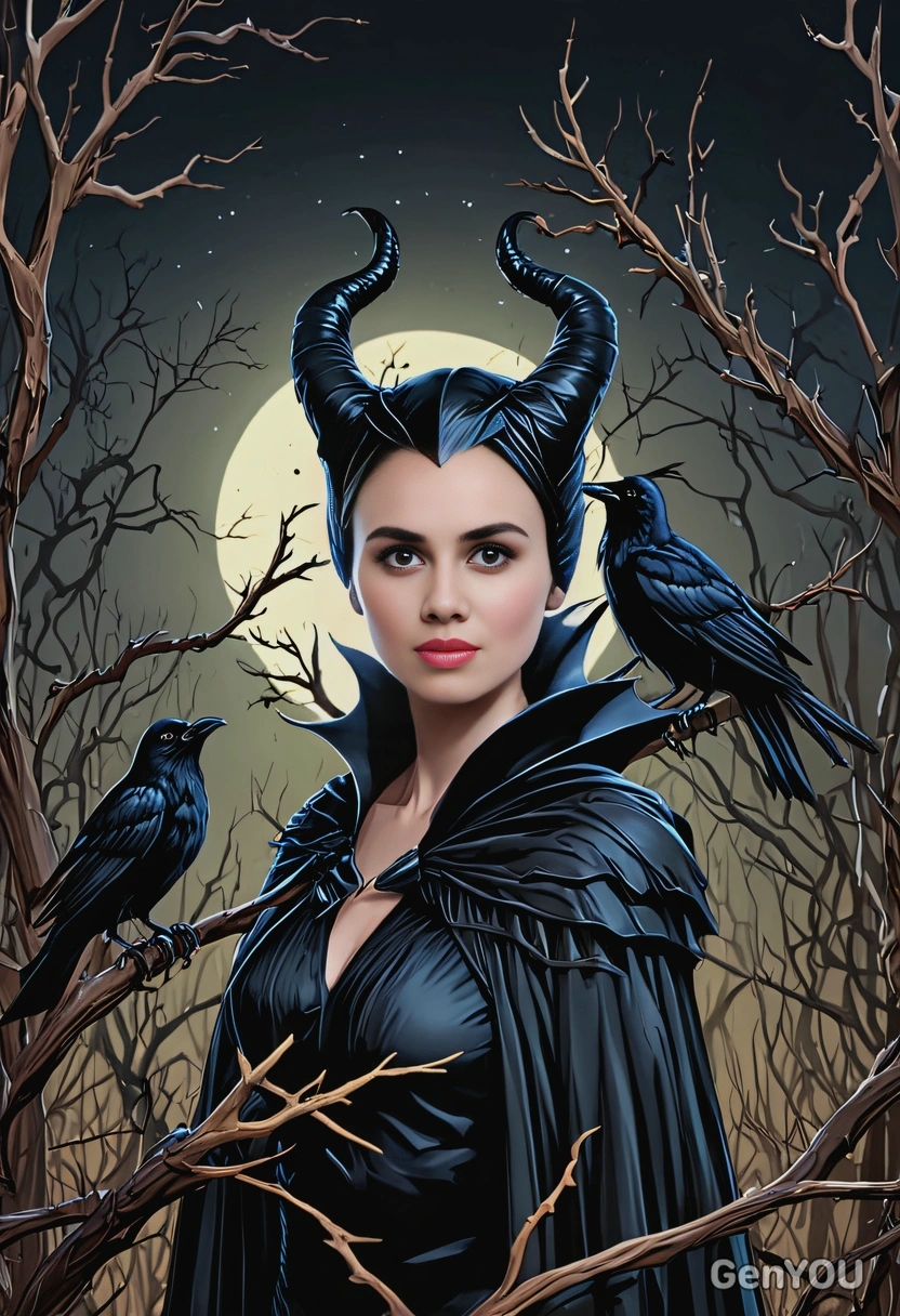 as Maleficent from The Sleeping Beauty surrounded by dry thorny branches, dark night, crows, in cartoon style