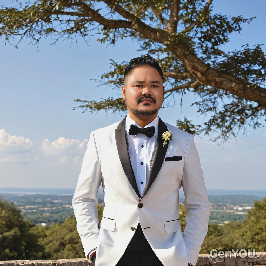 As the groom, in a stylish blazer and dress shirt, stands around a picturesque backdrop