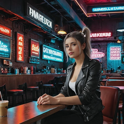 sitting alone in a dimly lit cyberpunk café, surrounded by neon signs