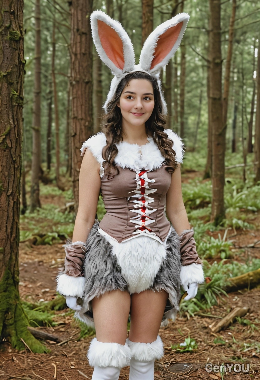 in artificial hare costume with ears and tail, furnished with real fur, whimsical clothes, full body image, forest background