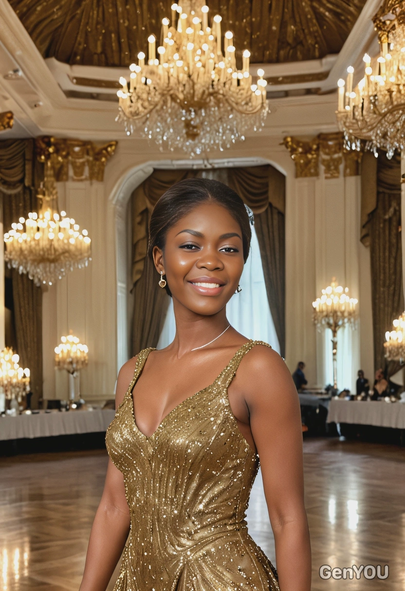 a woman dressed in a glamorous gold gown, standing in the middle of a grand ballroom, with chandeliers sparkling overhead, half body portrait, blurred background