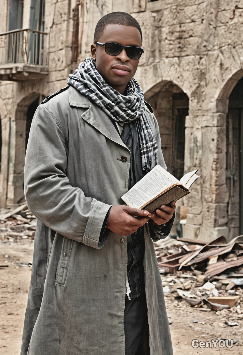 as a cosplayer of Denzel Washington in The Book of Eli, wearing sunshades, old tattered dirty gray trench coat, checkered scarf, holding Bible in hands, walking, blurred ruins of a town behind, high-quality cinematographic style