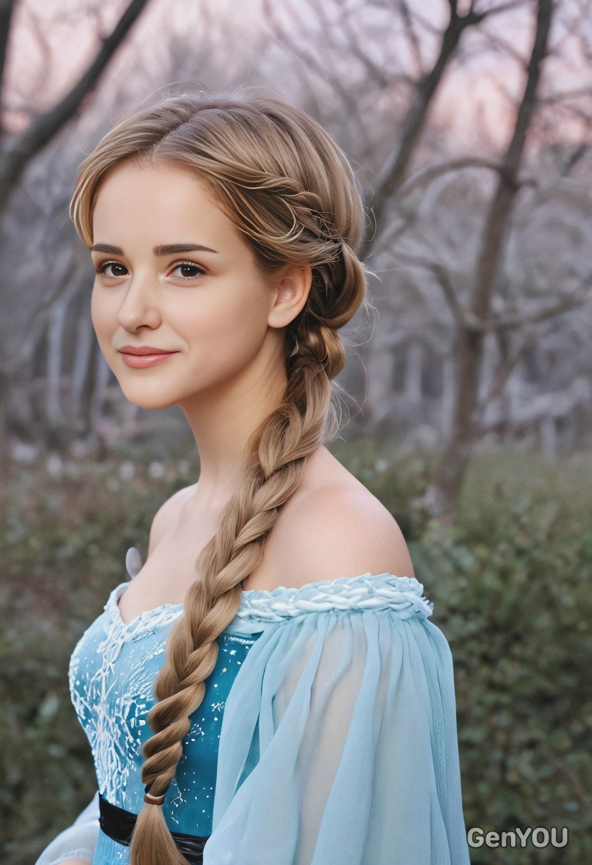 long, loose braid with an ethereal glow, inspired by Elsa from Frozen, soft focus, blurred background