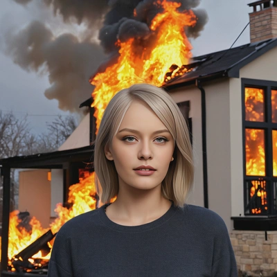 standing in front of a burning house, the focus on my face, smiling, very happy, head slightly tilted with a calm, mischievous smile, the background slightly blurred