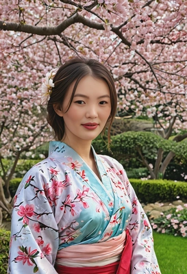 in a light floral kimono, standing in a Japanese garden under a cherry blossom tree, with the soft petals gently falling around her