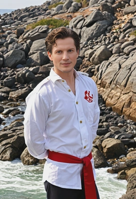 As Prince Eric from The Little Mermaid, wearing a white naval shirt and red sash, standing on a rocky shore 