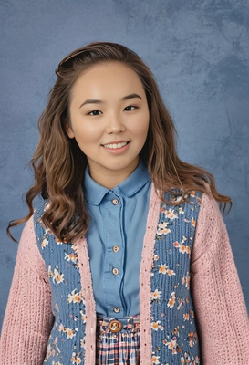 student with crimped hair wearing a pastel cardigan over a floral dress, smiling softly, classic blue yearbook background, medium shot photo 