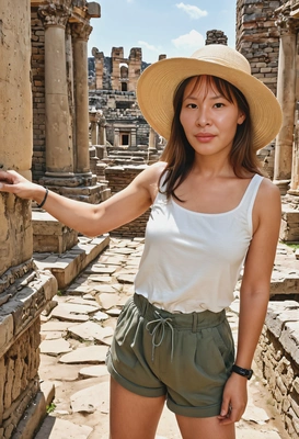 as a tourist exploring ancient ruins, wearing a sun hat and khaki shorts, mid shot photo