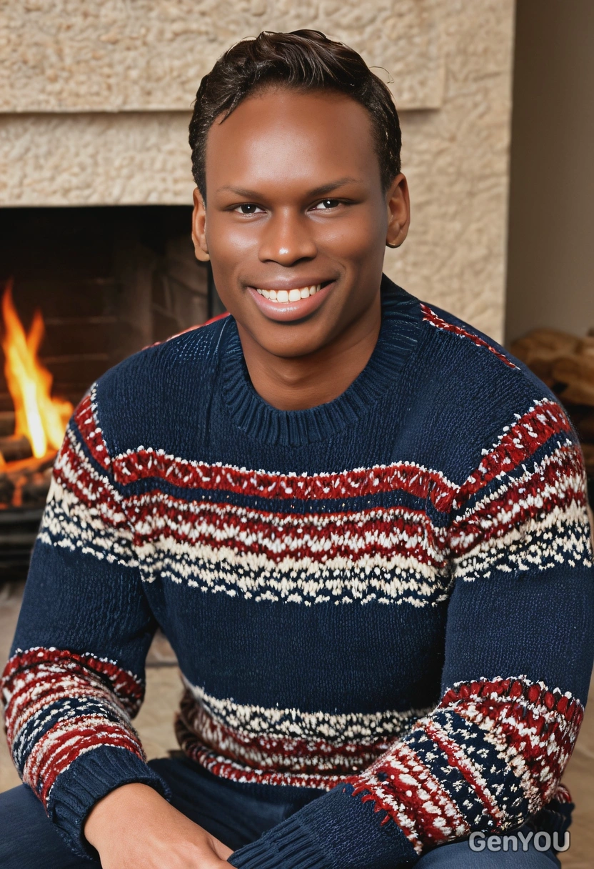smiling, in a knitted sweater, sitting by a fireplace 