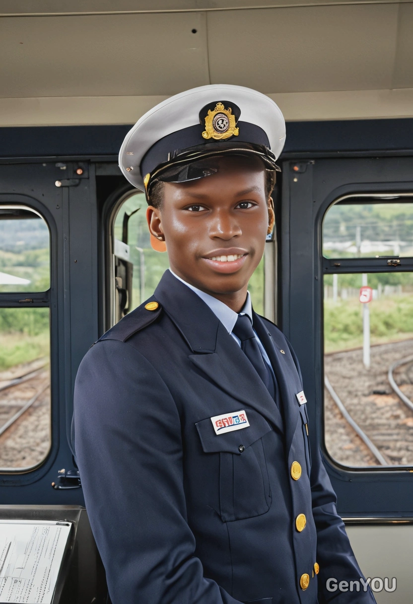 as a train driver, wearing a navy blue uniform with a conductor’s hat, standing confidently in the control cabin of a modern locomotive, with the tracks and station platform visible through the front window