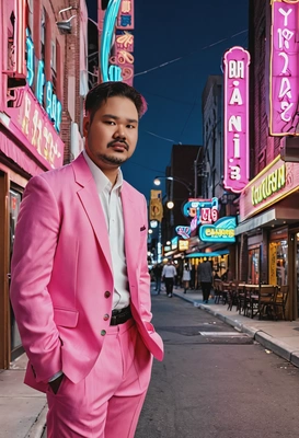 inspired by BTS's Boy With Luv, wearing a vibrant pink suit, standing on a retro-themed street filled with neon signs and a diner