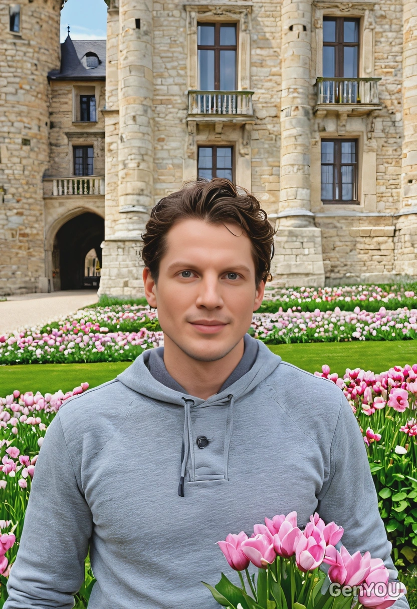 posing in front of a grand European castle, with spring flowers blooming all around