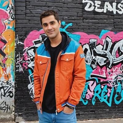 leaning against a vibrant graffiti wall at an urban street party, wearing a cool jacket and jeans