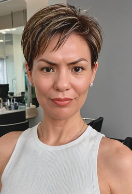 chic and stylish haircut and eye color. for an owner of reisuranve broker and a ceo of consultong company